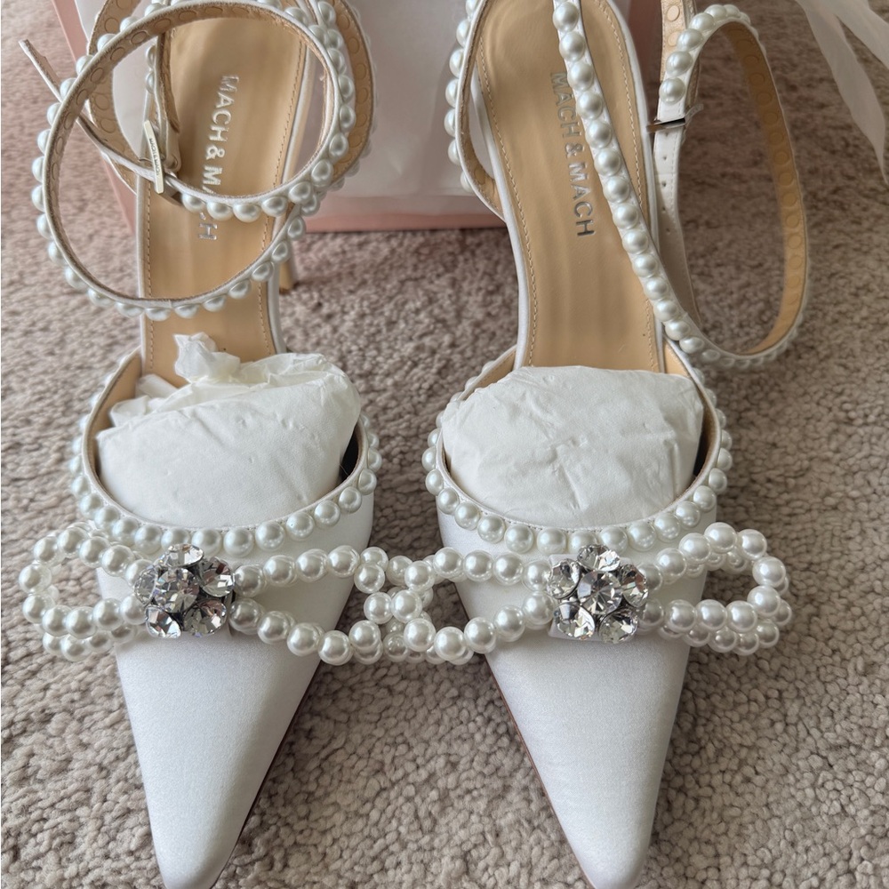 MACH & MACH White Pearl Embellished Heels